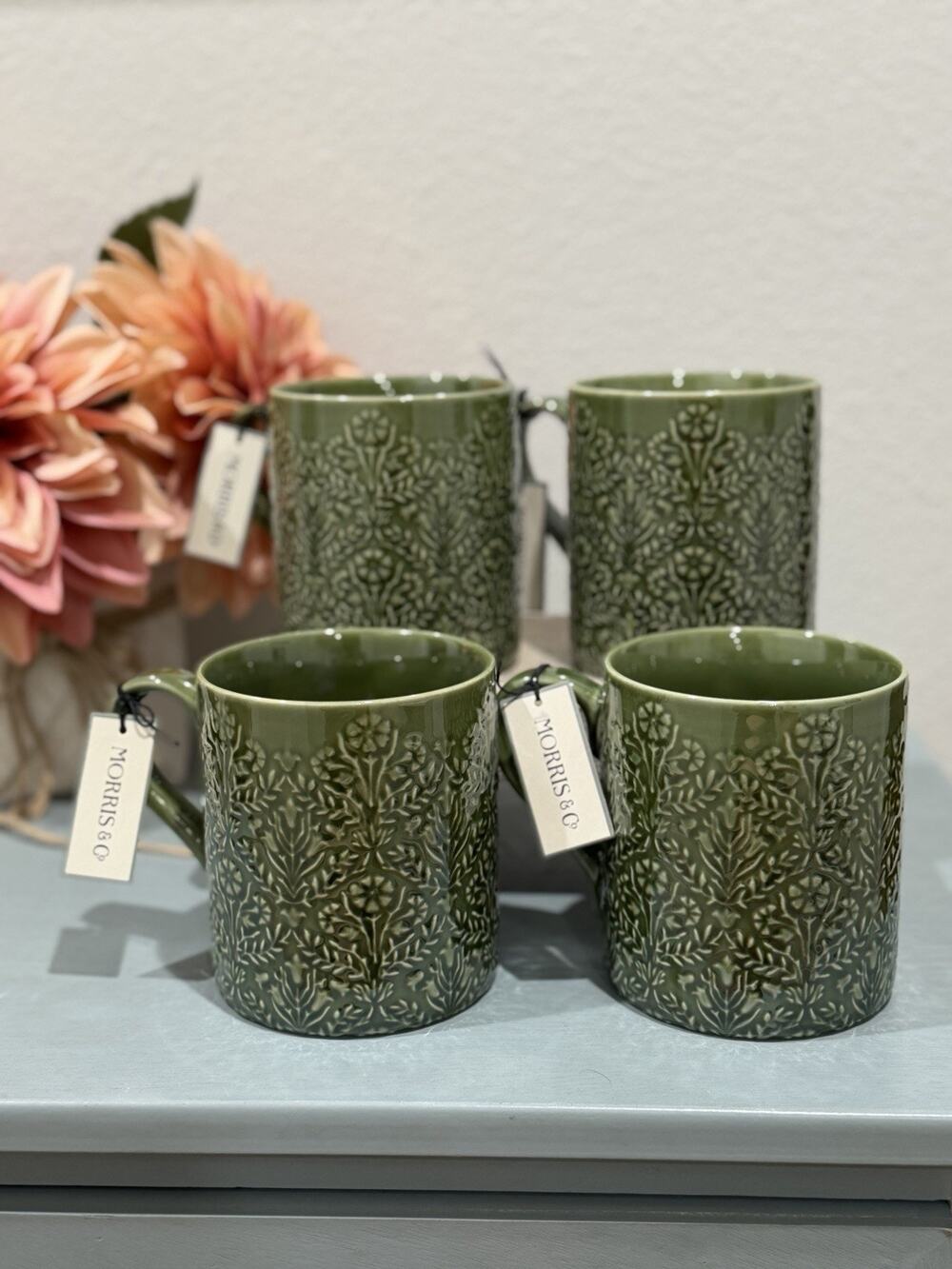 Morris & Co “Bellflower” Dark Olive Green Garden Floral Embossed Mugs Set-4